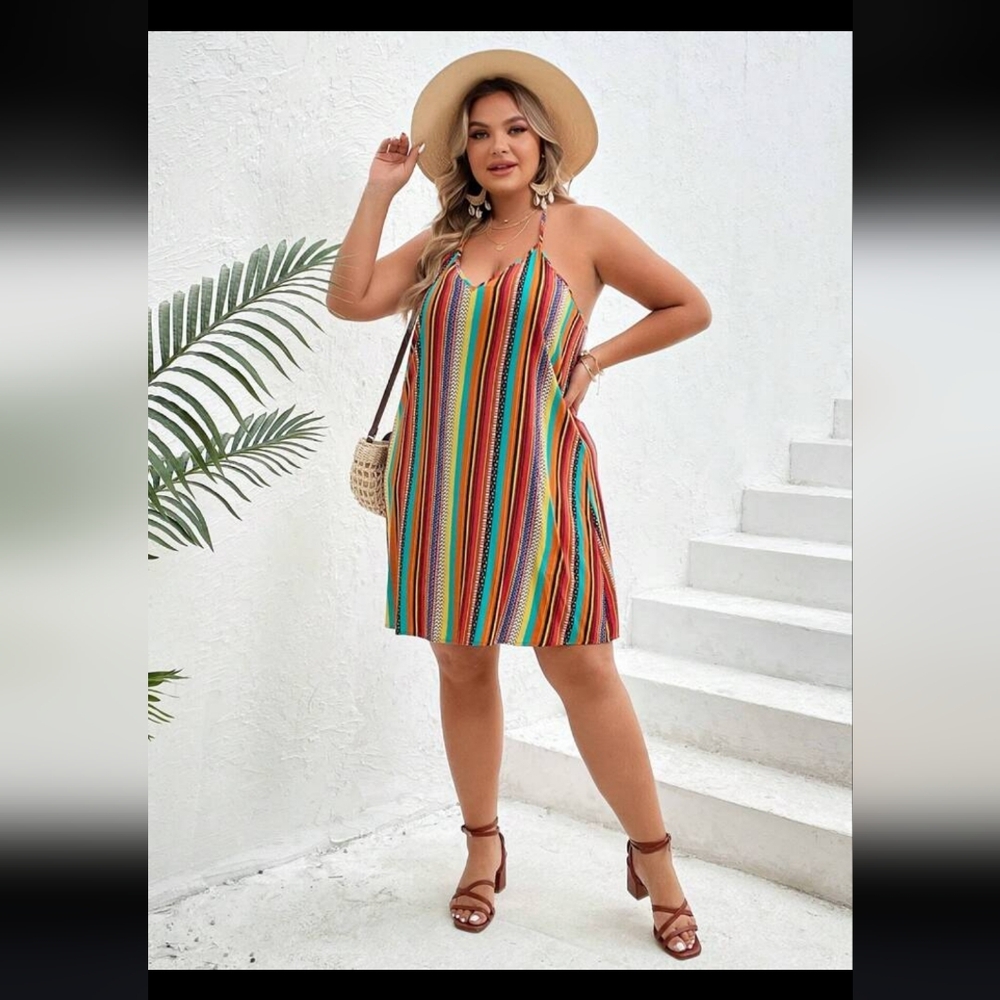 💣3/$15 Plus Size Colorful BOHO Cheveron Printed Sleeveless Dress